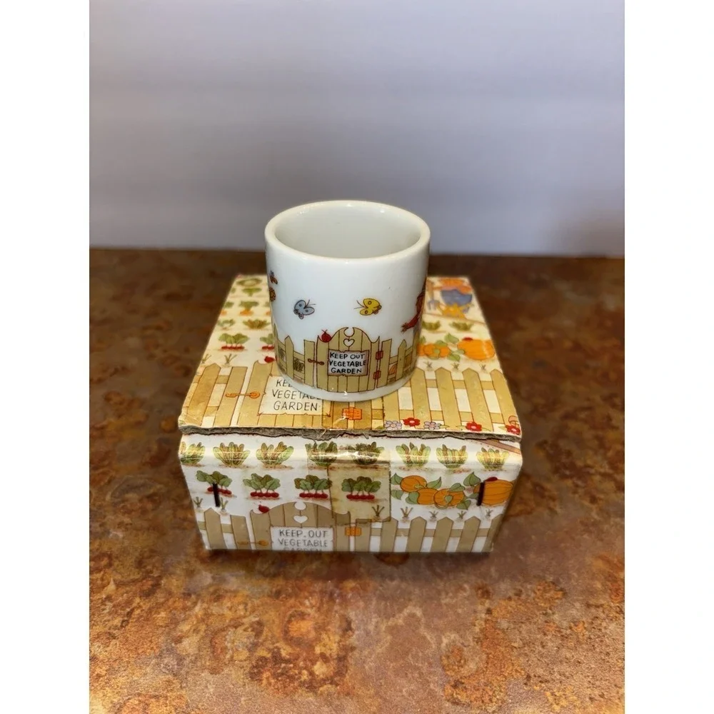 Vintage ENESCO Garden Scarecrow Apple Sunflower Napkin Rings Japan 4 In Box